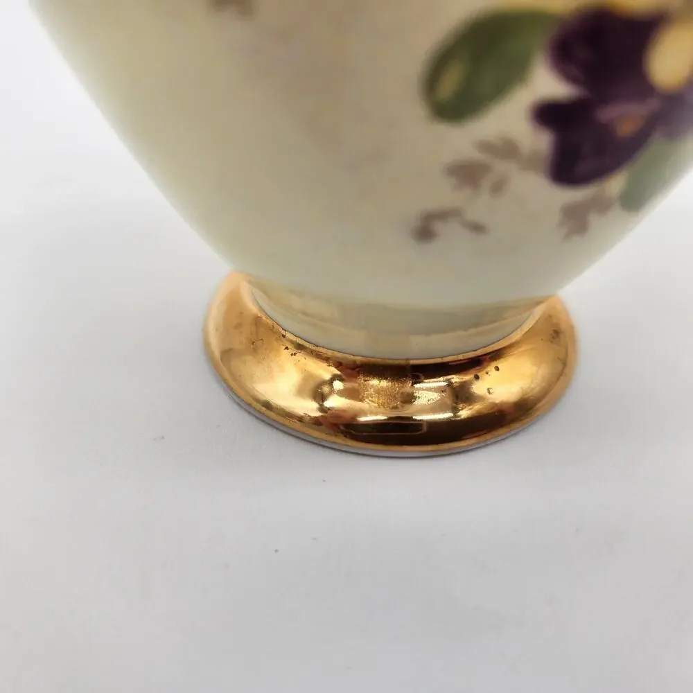 Footed Teacup & Saucer Clarence Bone China England Purple &‎ Yellow Violets Gold